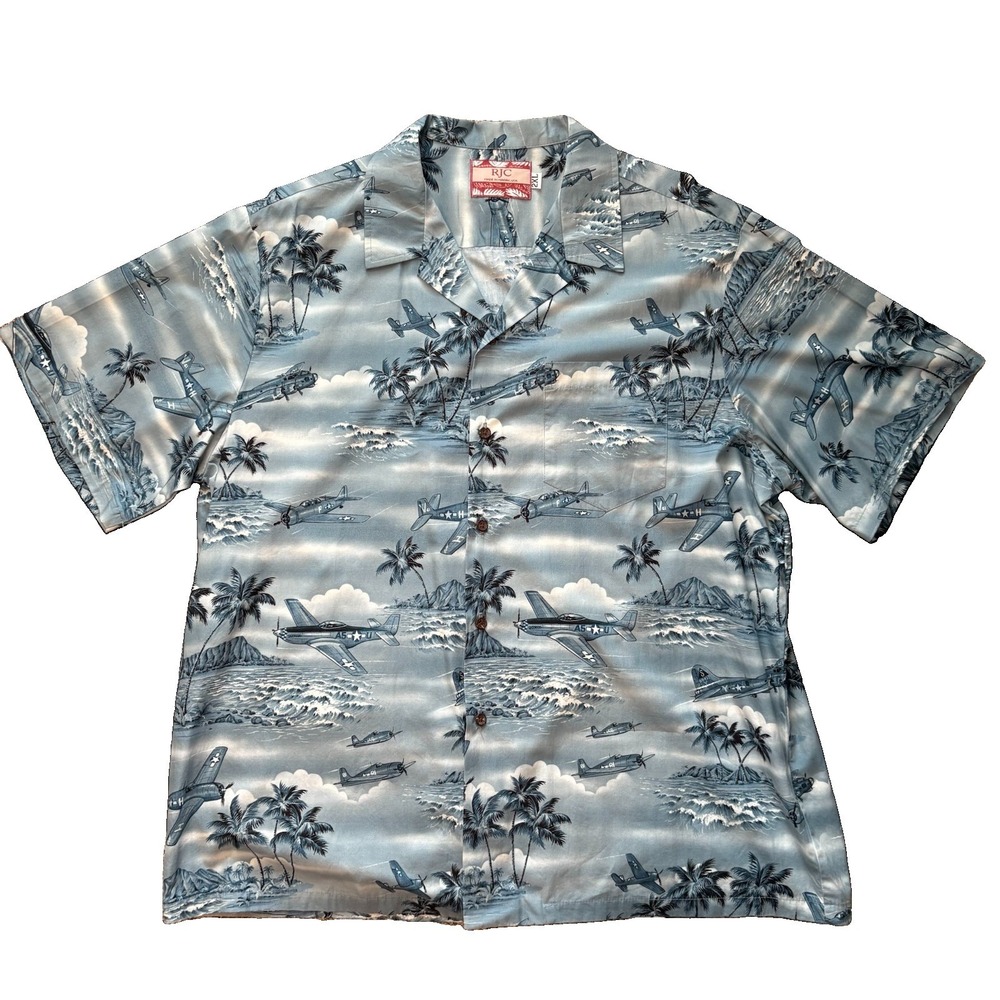 Vintage RJC Hawaiian Shirt Men's 2XL Made in Hawaii Islands Palm Trees Planes
